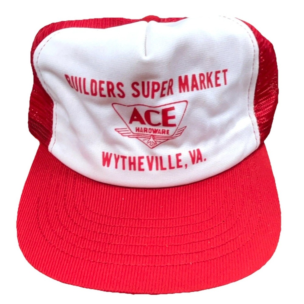 Vintage ACE Hardware Trucker Hat Cap Snap Back Red White USA Mesh 80s 90s